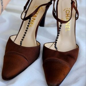 Chanel Satin T-Strap Heels in Dark Brown